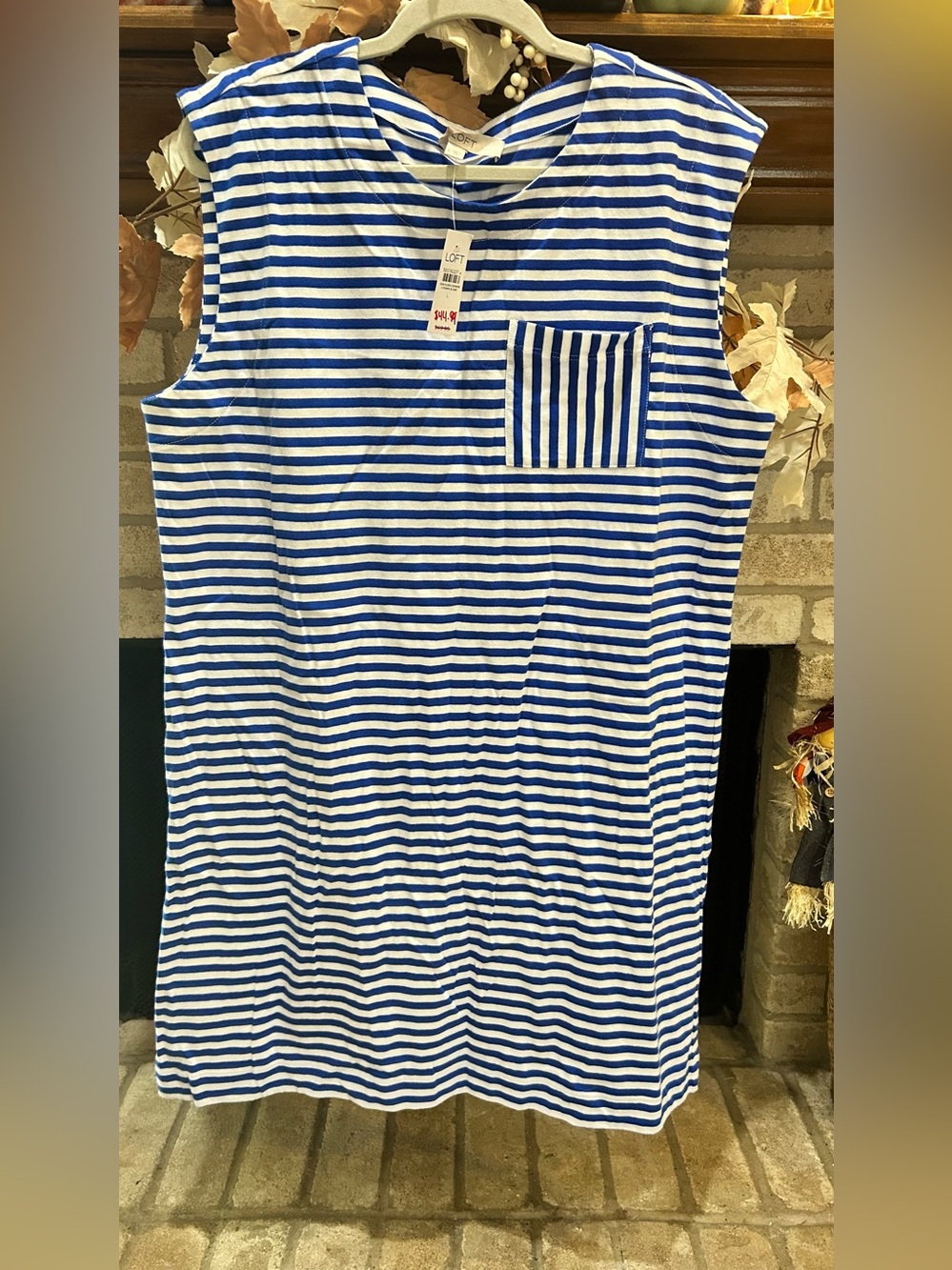 LOFT Blue and White Striped Sleeveless Pocket Dress EUC